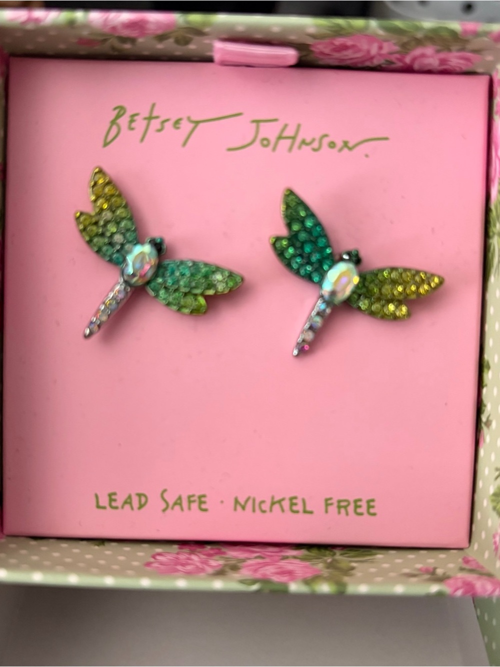 Betsey Johnson Green to Yellow Dragonfly Crystal Stud Earrings